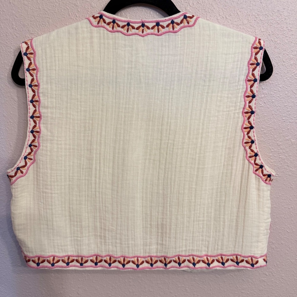 Zara Womens Embroidered Floral Vest Cream Cotton Gauze Boho Festival Size Medium - Picture 3 of 8